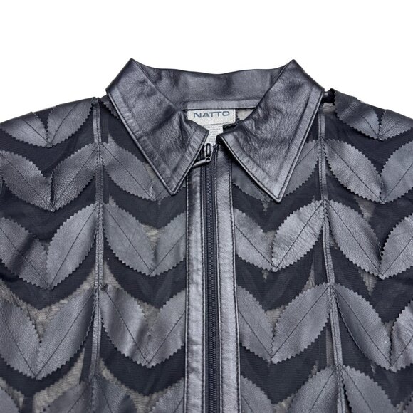 Natto Women's Full Zip Black Leather Jacket Mesh Leaf Applique Design, Size L - Picture 4 of 8